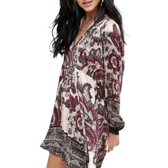 Free People Dresses & Skirts - Free People Say You Love Me long-sleeve dress in burgundy and ivory SZ S